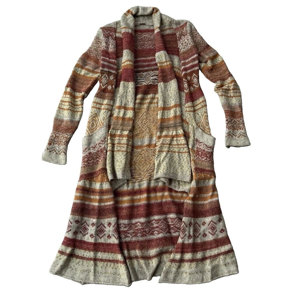 Free People Long Duster Cardigan XS Southwestern Fair Isle Boho Open Sweater